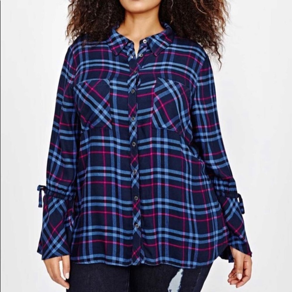 Love & Legend Plaid Blouse - Bell Sleeve - Size 16